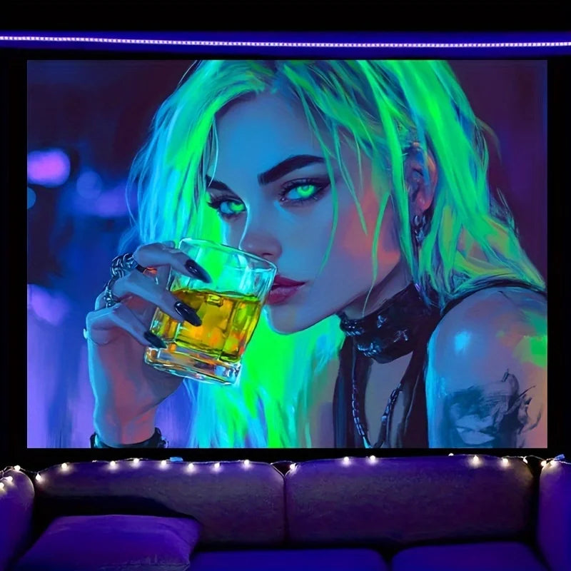 1pc Vibrant Neon Drinking Girl Tapestry UV Blacklight Reactive Perfect