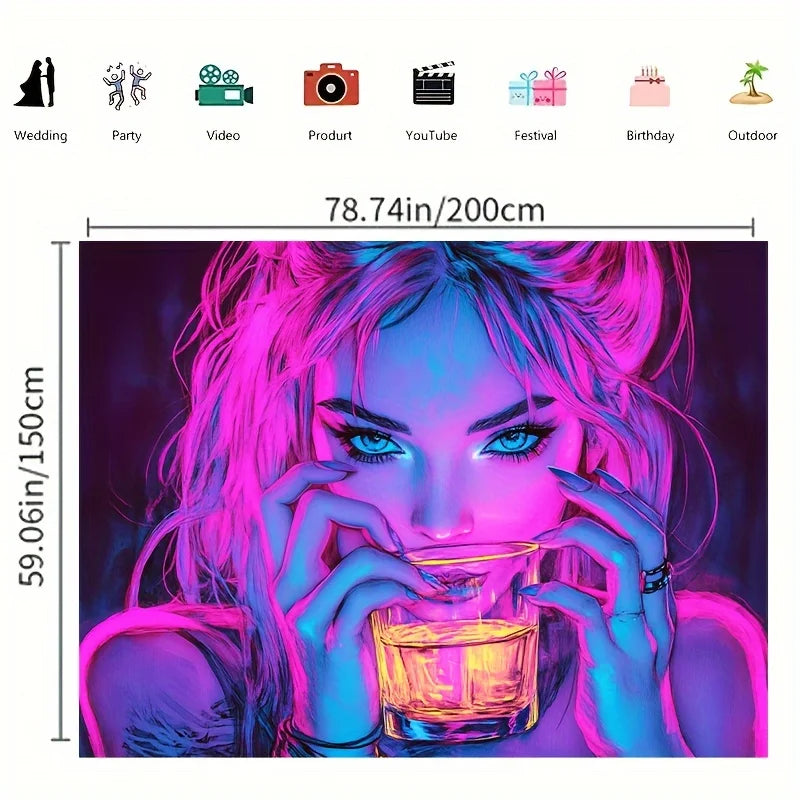 1pc Vibrant Neon Drinking Girl Tapestry UV Blacklight Reactive Perfect