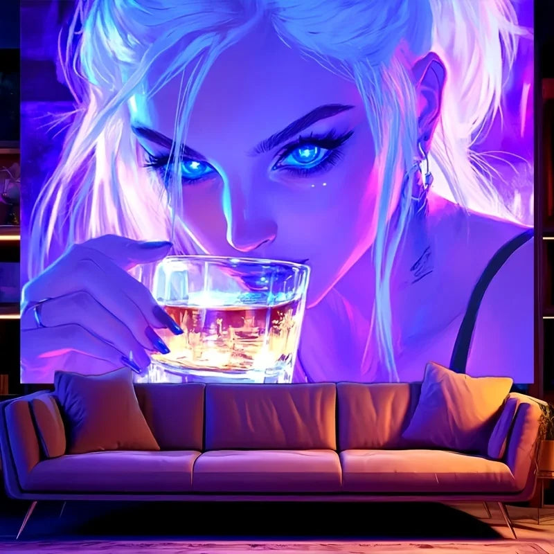 1pc Vibrant Neon Drinking Girl Tapestry UV Blacklight Reactive Perfect