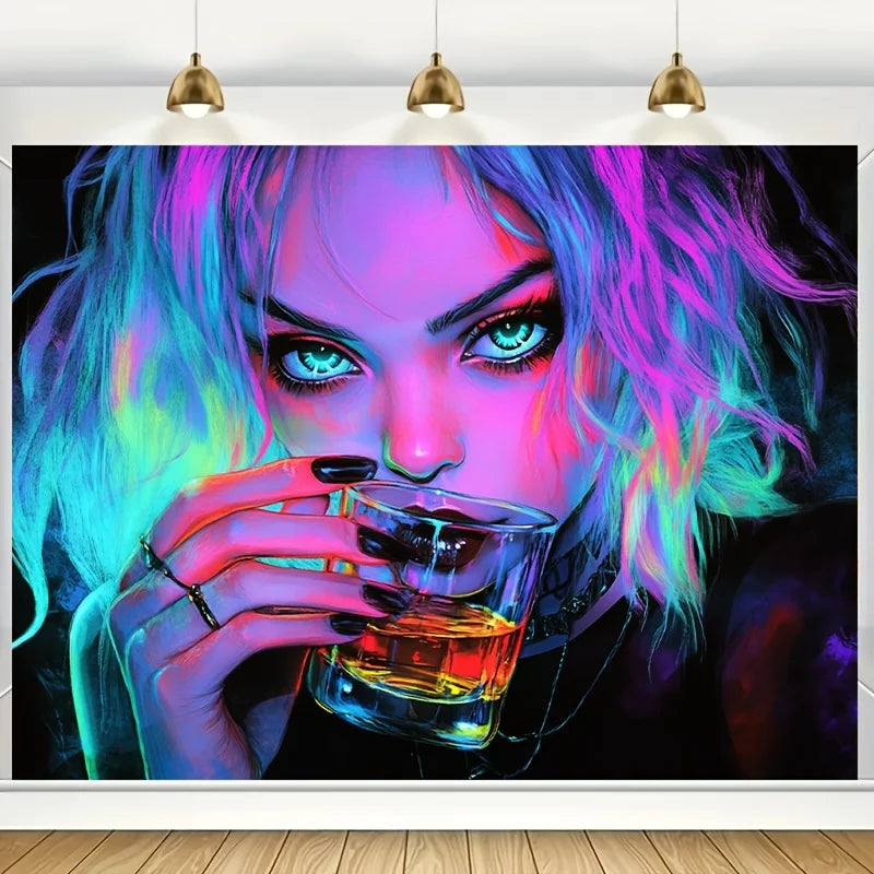 1pc Vibrant Neon Drinking Girl Tapestry UV Blacklight Reactive Perfect