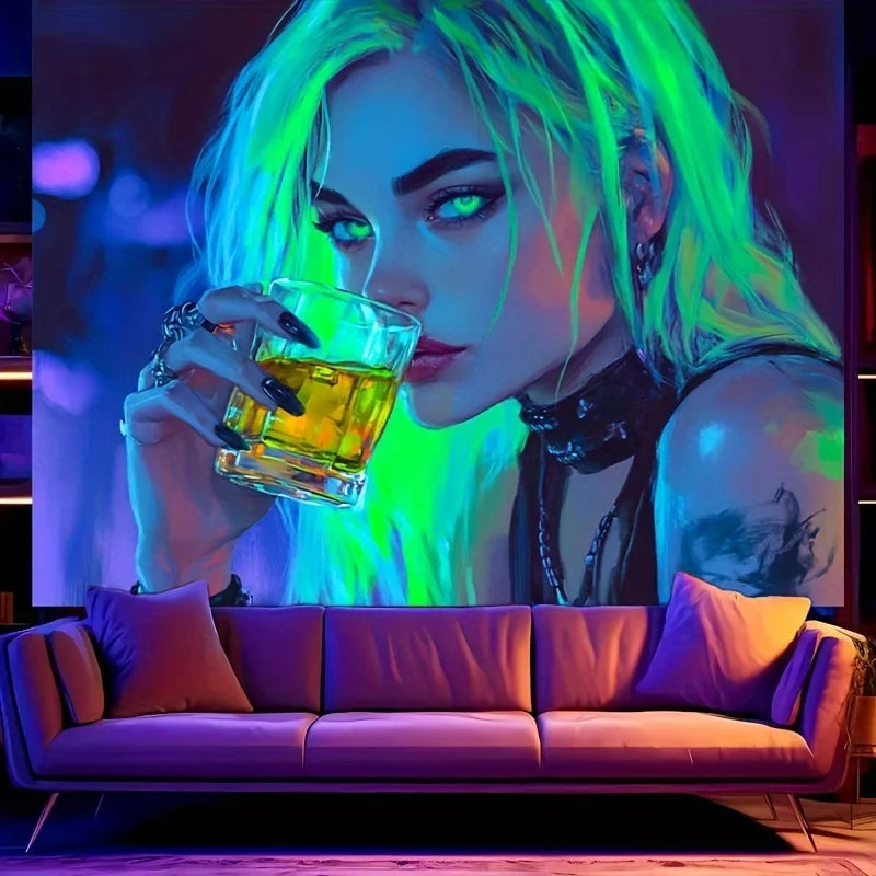1pc Vibrant Neon Drinking Girl Tapestry UV Blacklight Reactive Perfect