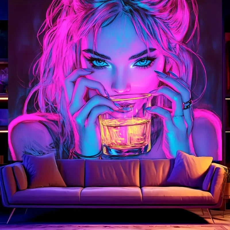 1pc Vibrant Neon Drinking Girl Tapestry UV Blacklight Reactive Perfect
