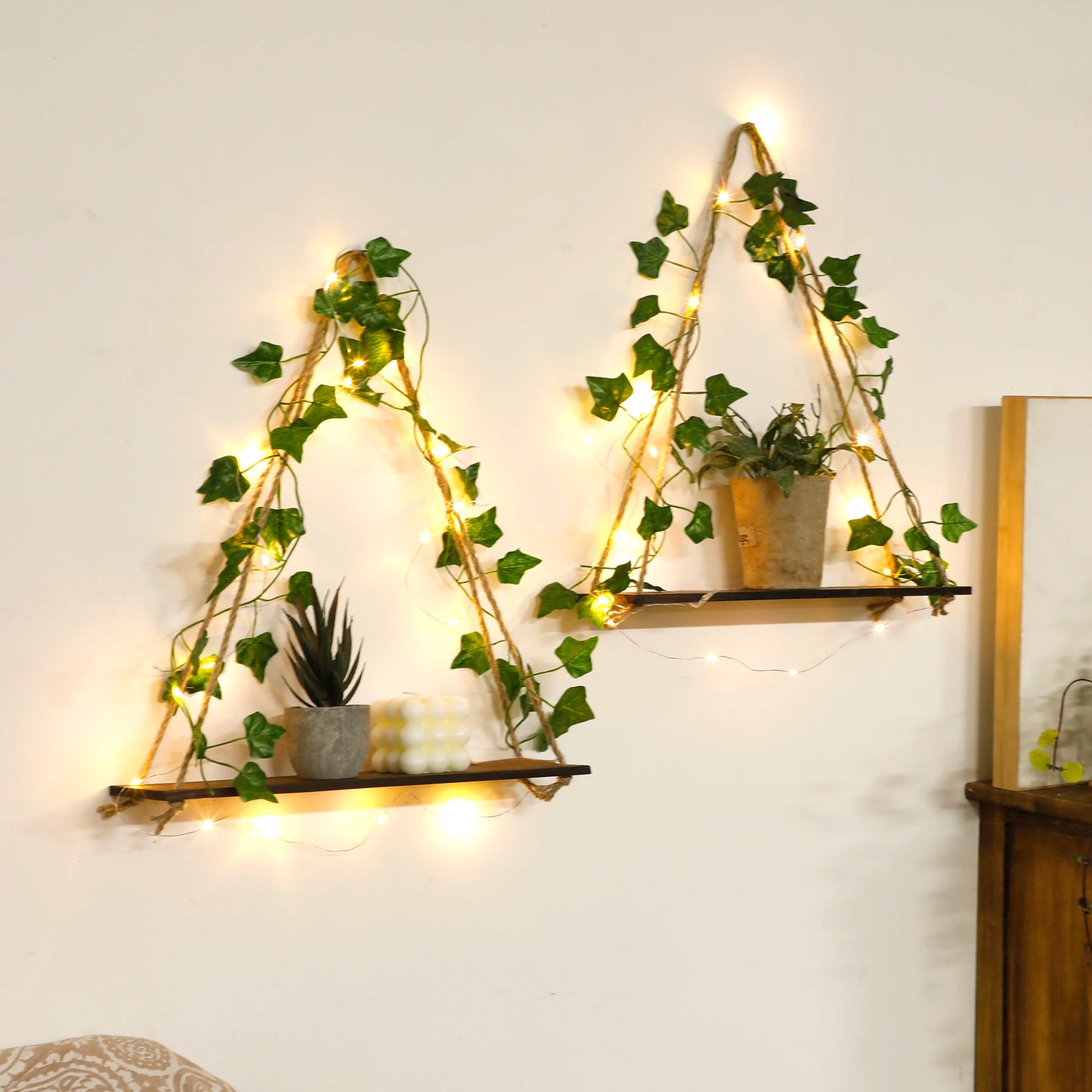 1/2pc Artificial Ivy Led-strip Floating Wall Shelf Boho Home Decoration