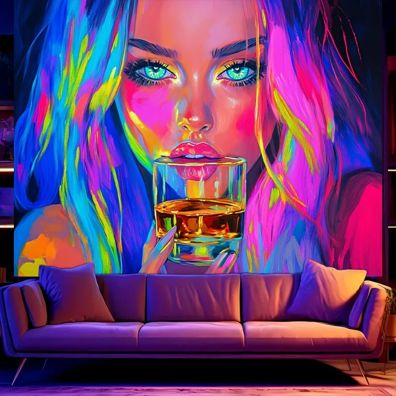 1pc Vibrant Neon Drinking Girl Tapestry UV Blacklight Reactive Perfect