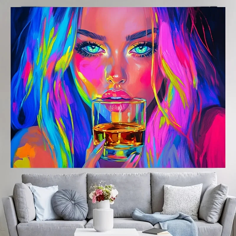 1pc Vibrant Neon Drinking Girl Tapestry UV Blacklight Reactive Perfect