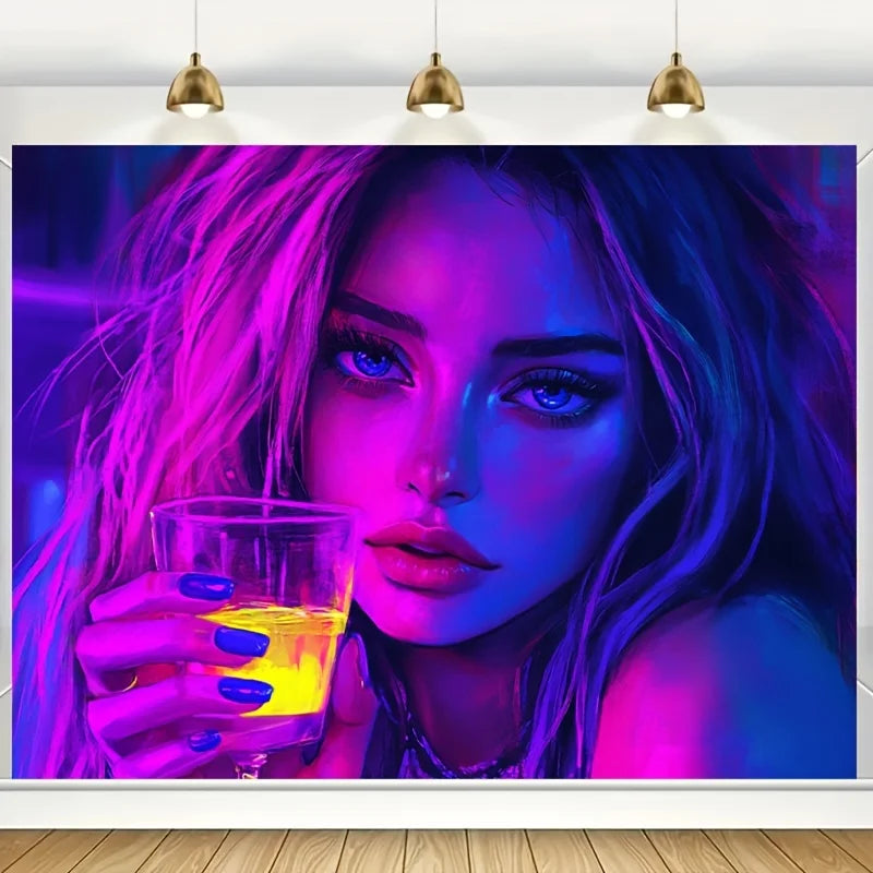 1pc Vibrant Neon Drinking Girl Tapestry UV Blacklight Reactive Perfect