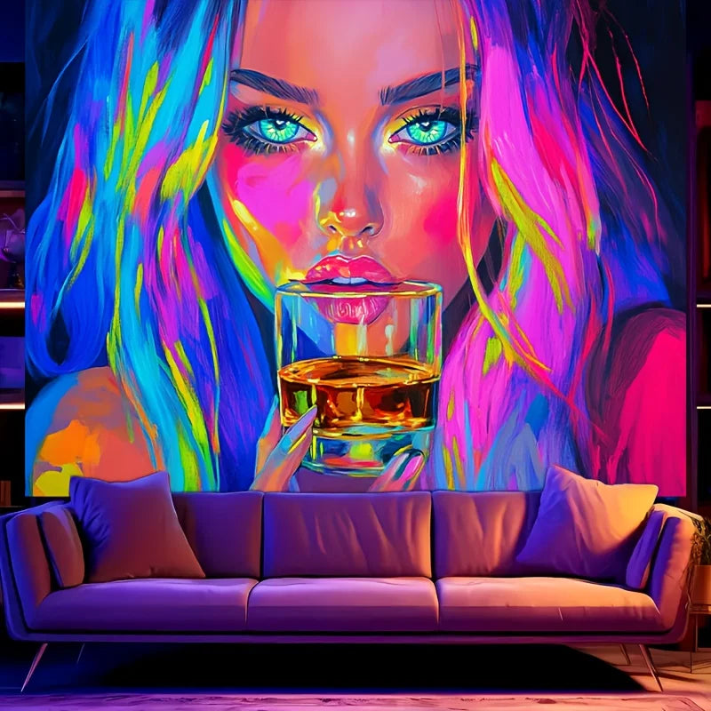 1pc Vibrant Neon Drinking Girl Tapestry UV Blacklight Reactive Perfect