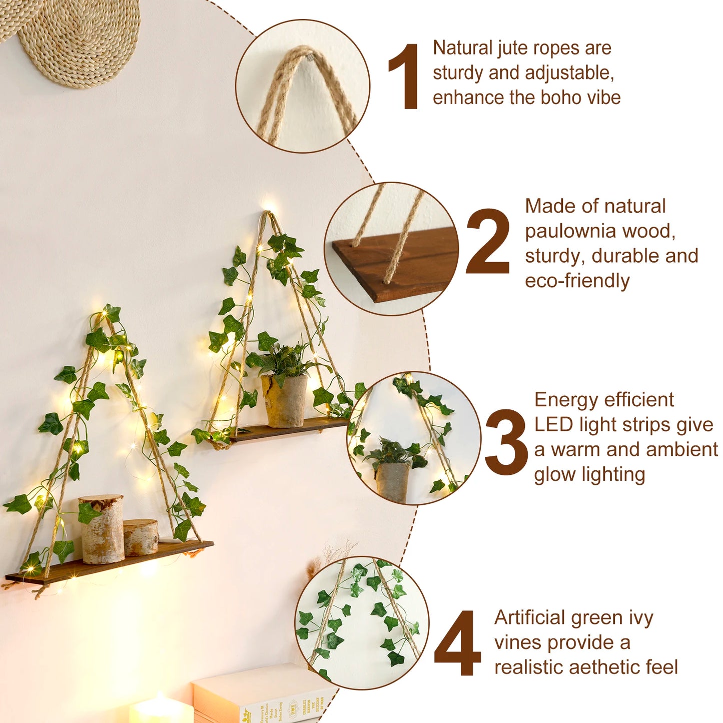 1/2pc Artificial Ivy Led-strip Floating Wall Shelf Boho Home Decoration