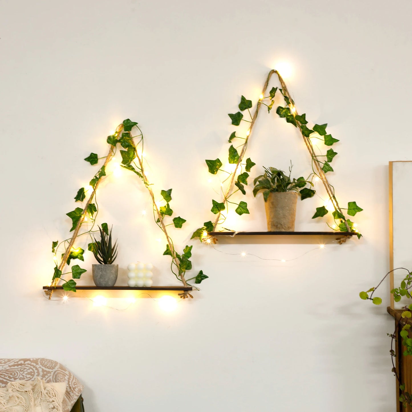 1/2pc Artificial Ivy Led-strip Floating Wall Shelf Boho Home Decoration