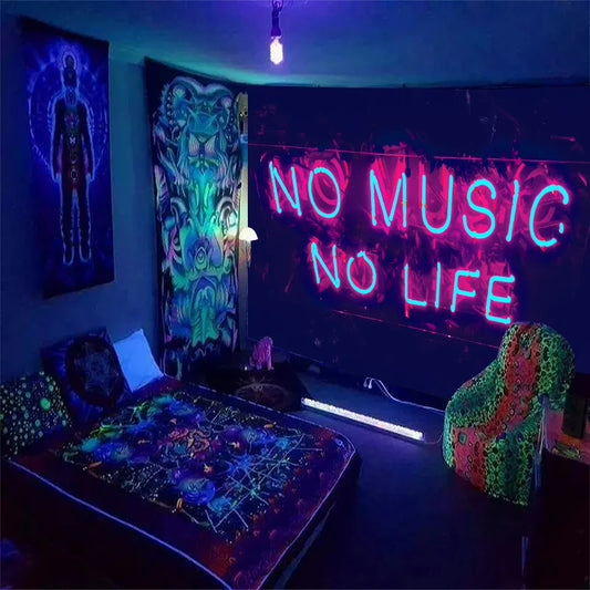 1pc NO MUSIC NO LIFE Fluorescent tapestry, UV black light floral and plant tapestry