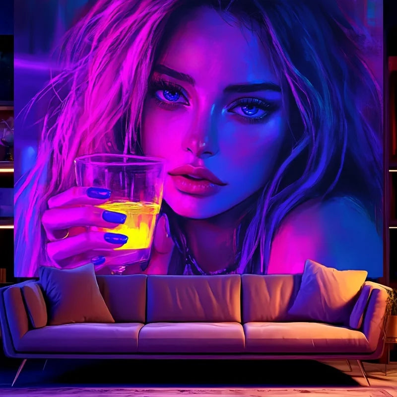 1pc Vibrant Neon Drinking Girl Tapestry UV Blacklight Reactive Perfect