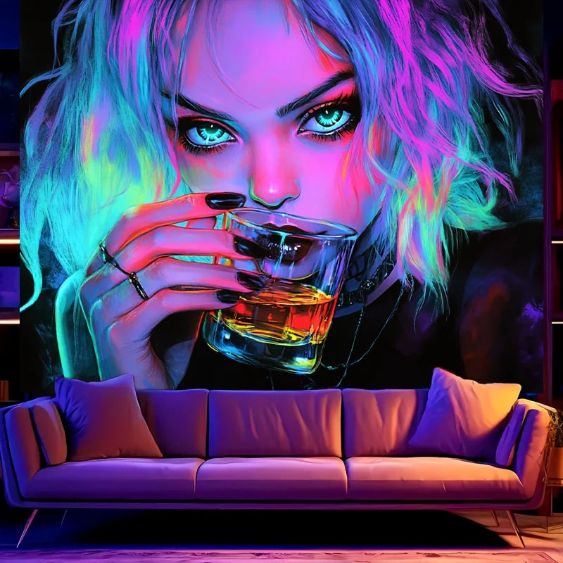 1pc Vibrant Neon Drinking Girl Tapestry UV Blacklight Reactive Perfect
