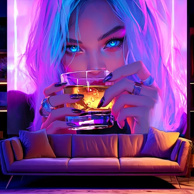 1pc Vibrant Neon Drinking Girl Tapestry UV Blacklight Reactive Perfect
